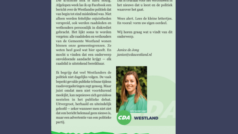 Foto: column in Nieuwsblad Westland, Rodi West Media