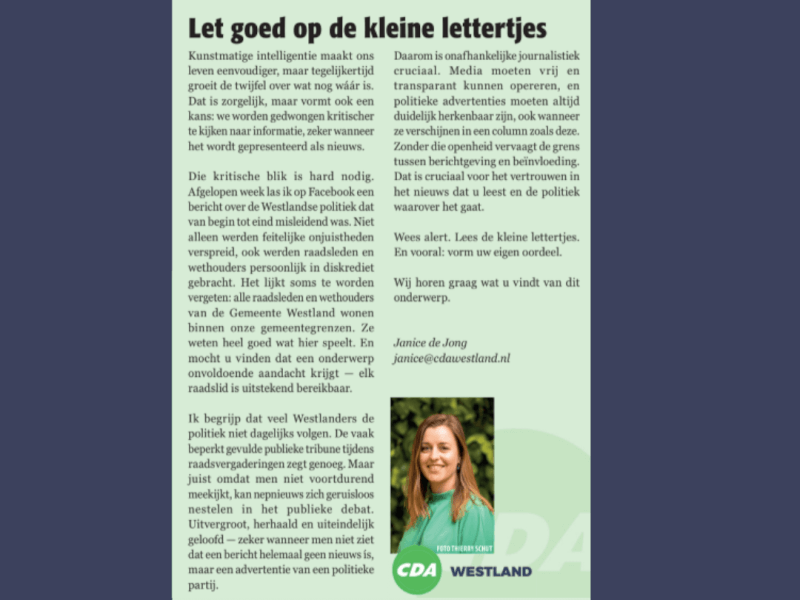 Foto: column in Nieuwsblad Westland, Rodi West Media